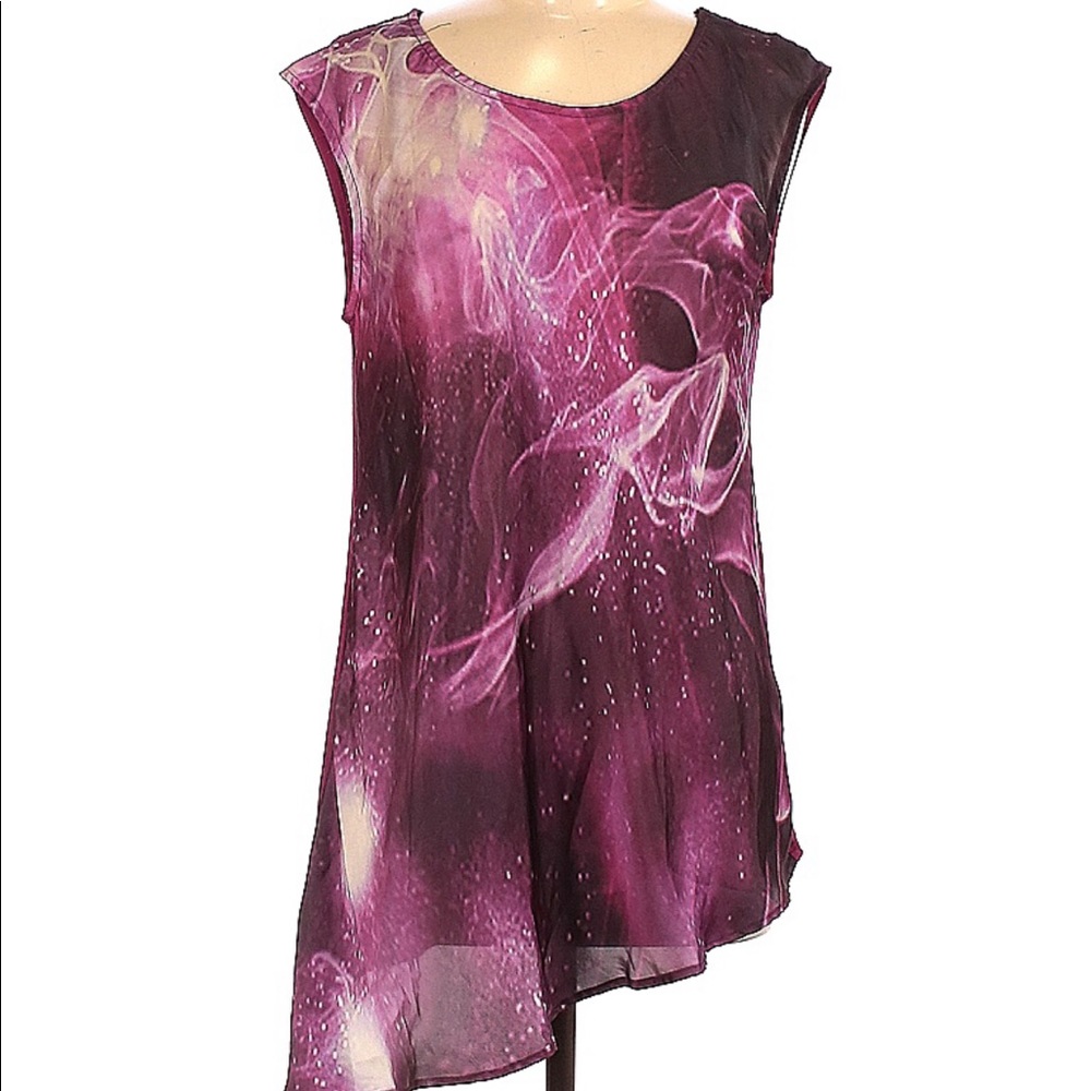 Bellatrix sleeveless blouse asymmetrical flowy liquid pattern sz M